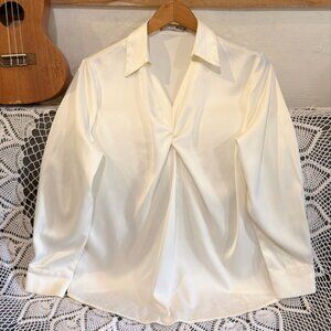 Cream White Satin Twist Front Button Down Shirt Blouse
